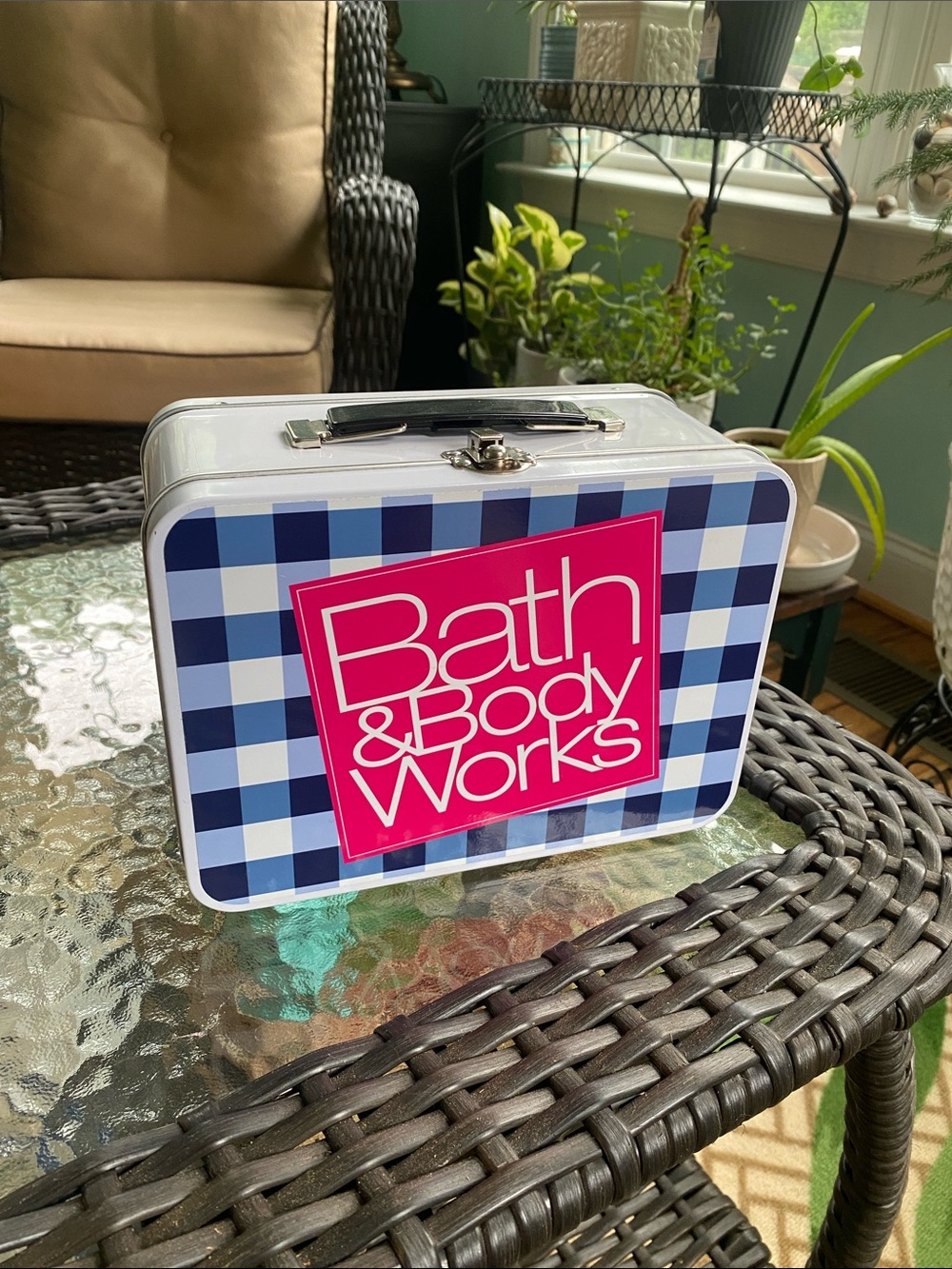 Bath & Body Works Blue Plaid and Pink Tin Lunchbox